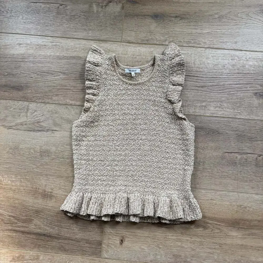 Madewell Nicollet Ruffle Sweater Tank XS Marled Honey Cotton Knit Cropped Top